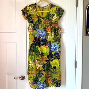 LOFT green floral ruffle shift dress